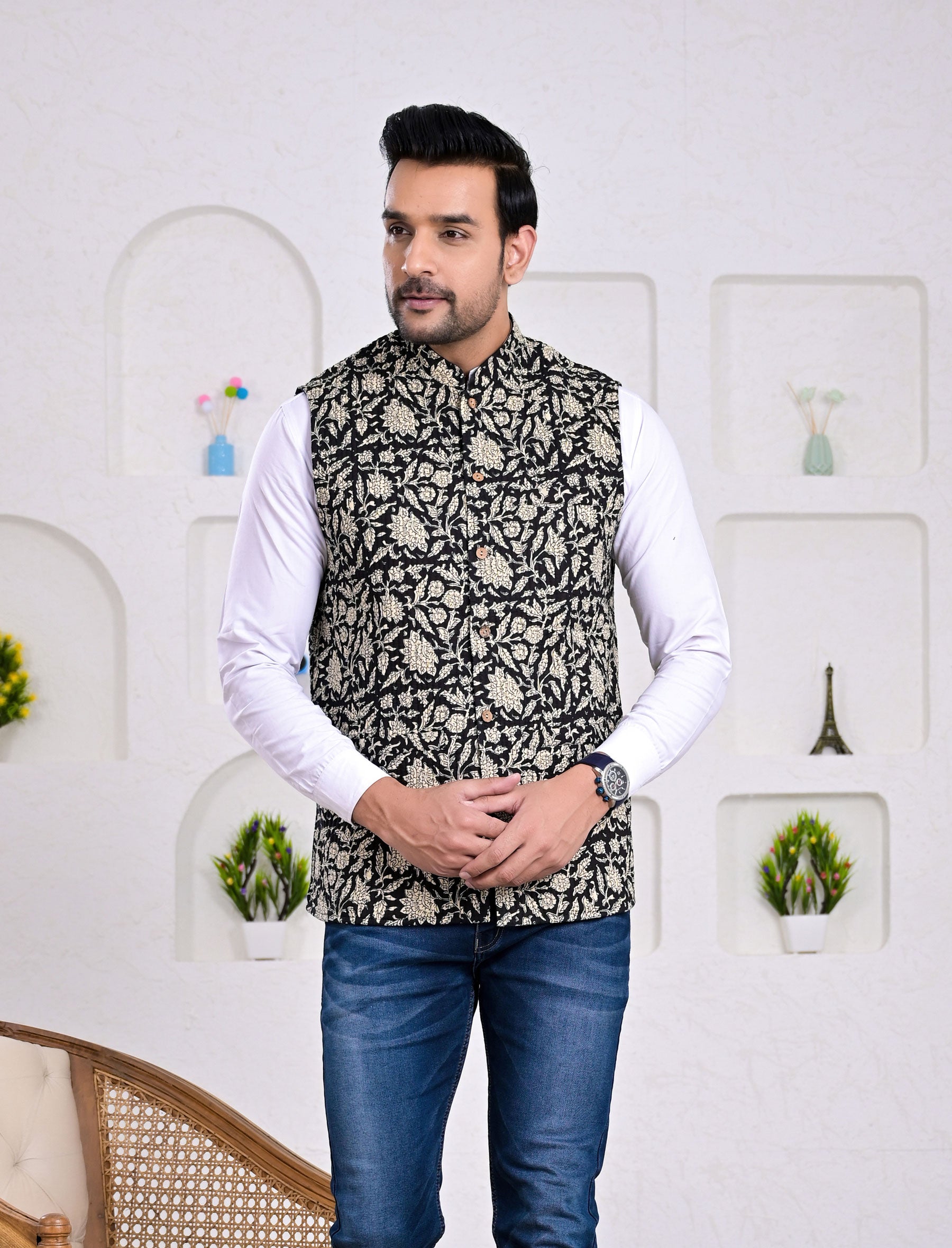 Block Printed Winter Jacket For Men