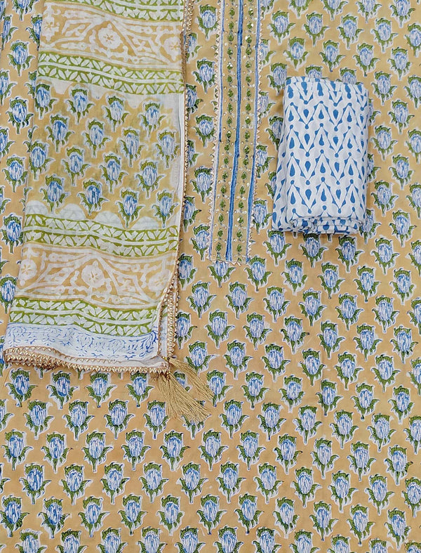 Block Printed Unstitched Dress Material With Hand Work