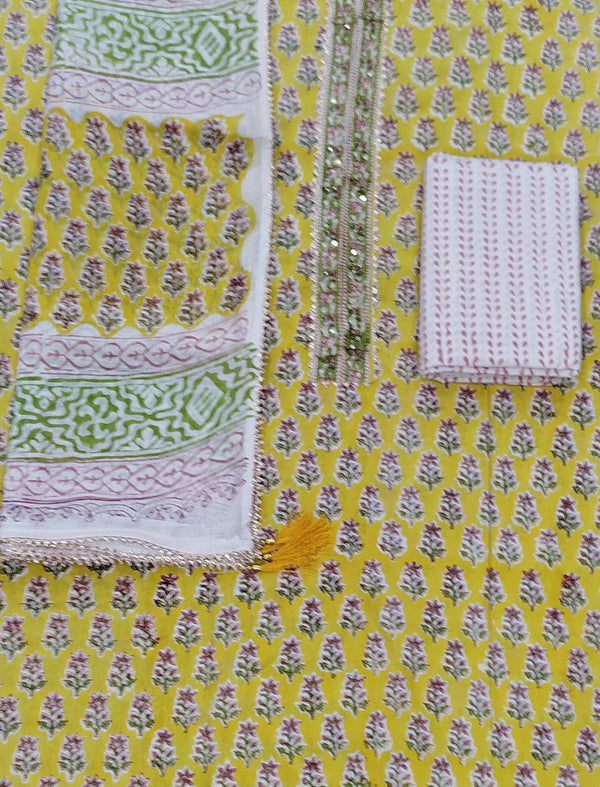 Block Printed Unstitched Dress Material With Hand Work