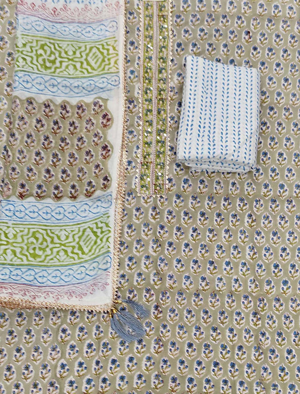 Block Printed Unstitched Dress Material With Hand Work