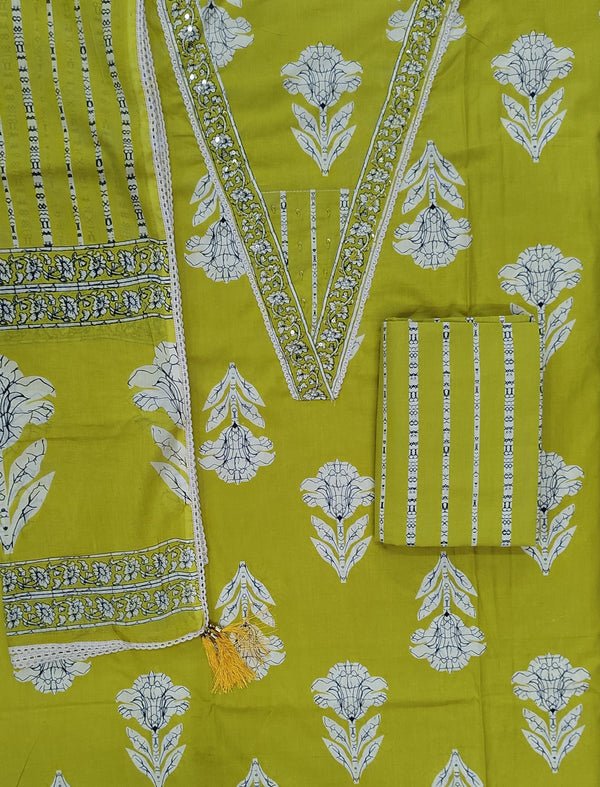 Block Printed Unstitched Dress Material With Hand Work
