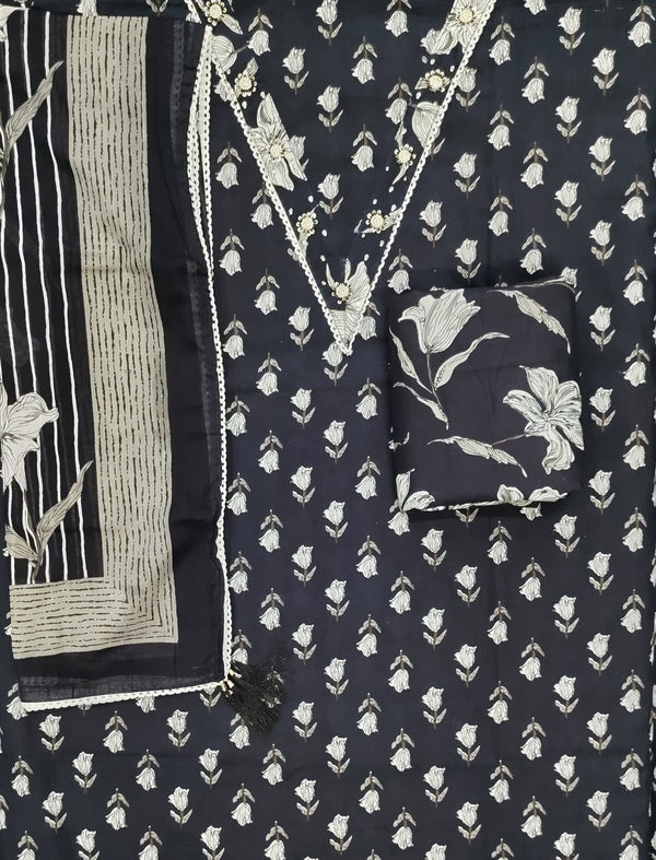 Block Printed Unstitched Dress Material With Hand Work