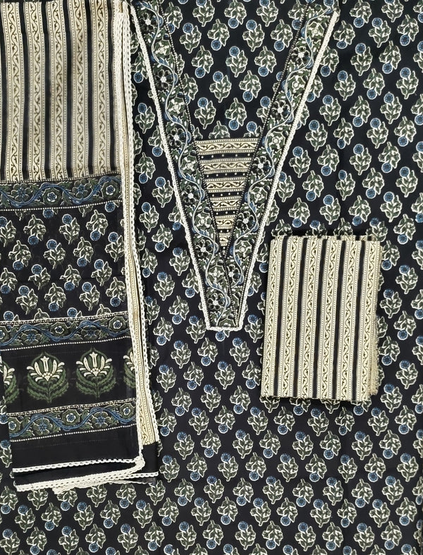 Block Printed Unstitched Dress Material With Hand Work