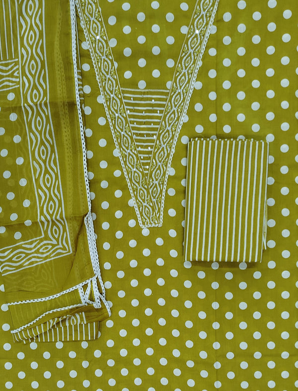 Block Printed Unstitched Dress Material With Hand Work