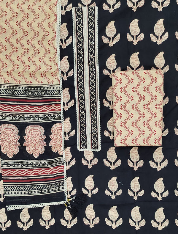 Block Printed Unstitched Dress Material With Hand Work