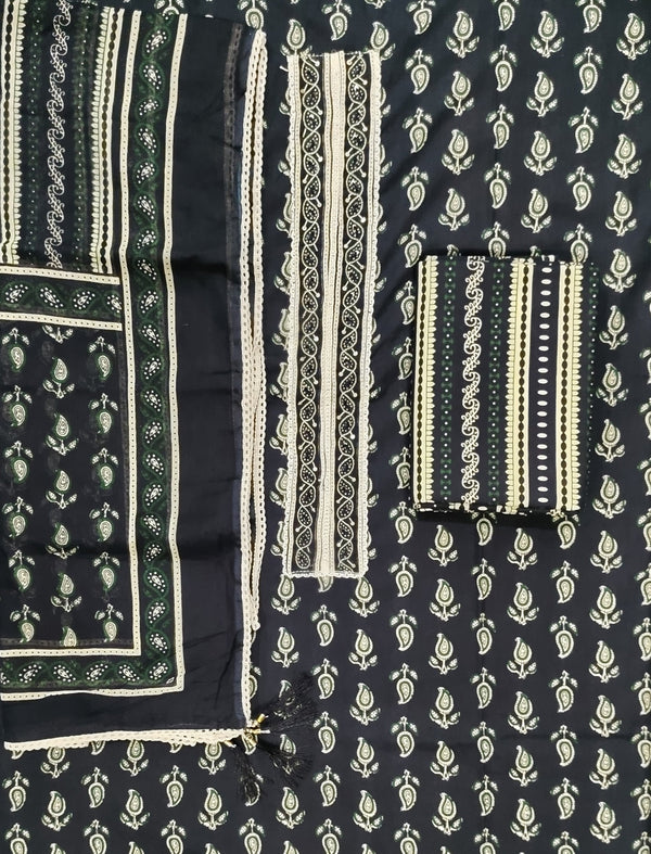 Block Printed Unstitched Dress Material With Hand Work