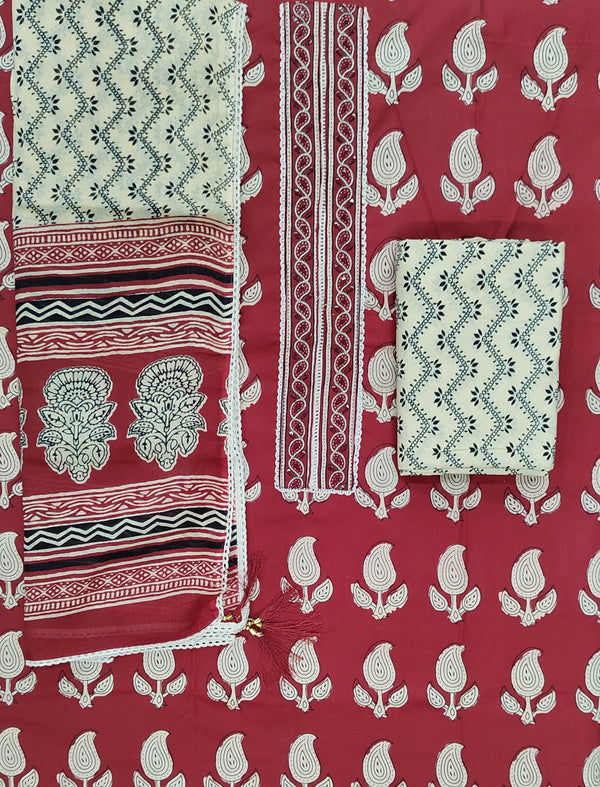 Block Printed Unstitched Dress Material With Hand Work