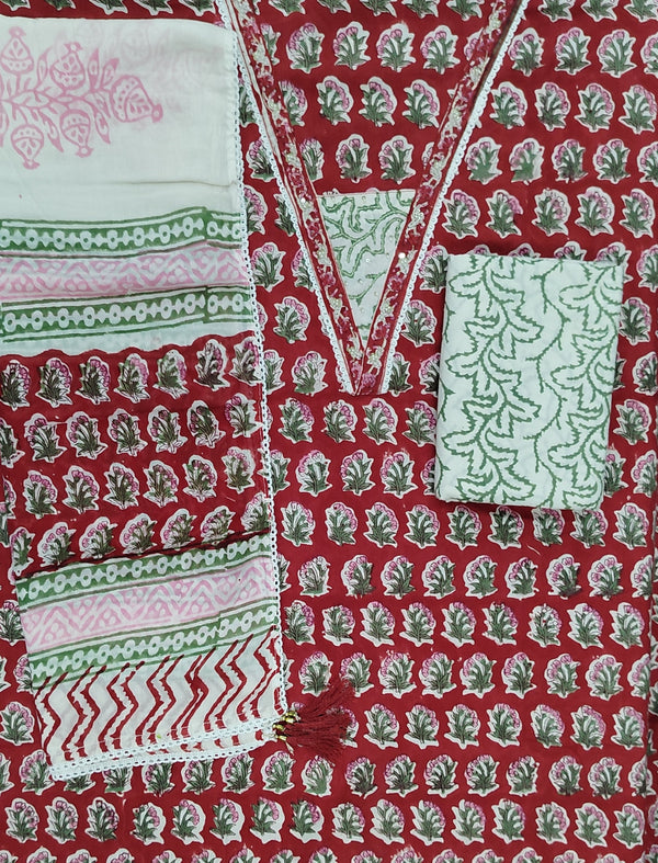 Block Printed Unstitched Dress Material With Hand Work