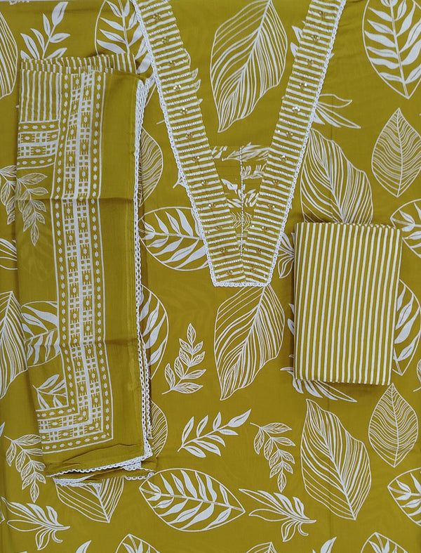 Block Printed Unstitched Dress Material With Hand Work