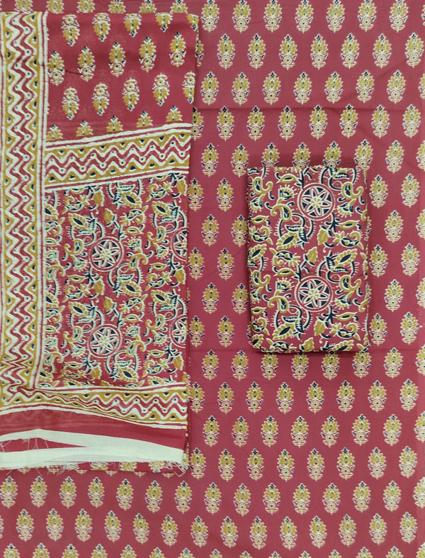 Block Printed Unstitched Dress Material With Cotton Dupatta