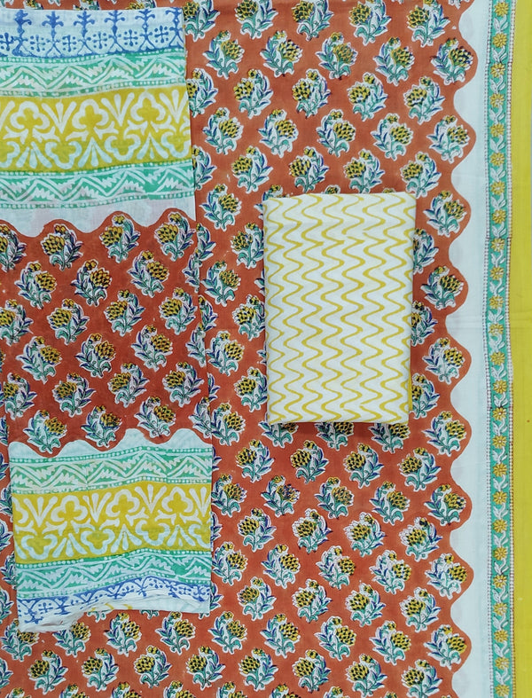 Block Printed Unstitched Dress Material With Cotton Dupatta