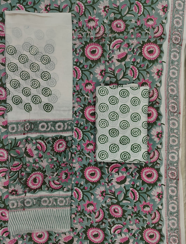 Block Printed Unstitched Dress Material With Cotton Dupatta