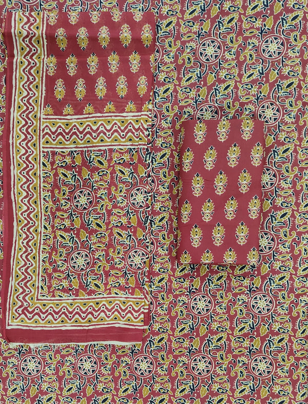 Block Printed Unstitched Dress Material With Cotton Dupatta
