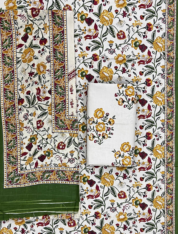 Block Printed Unstitched Dress Material With Cotton Dupatta