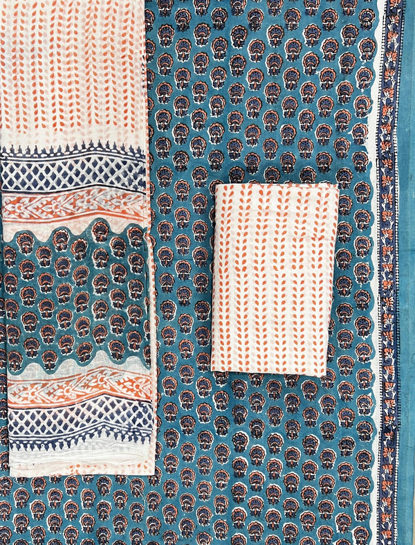 Block Printed Unstitched Dress Material With Cotton Dupatta