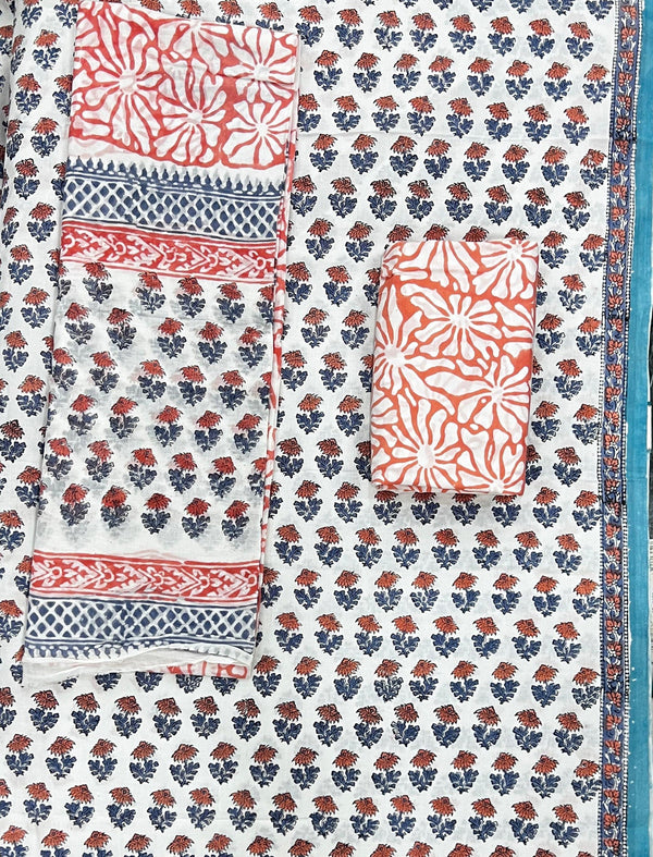 Block Printed Unstitched Dress Material With Cotton Dupatta