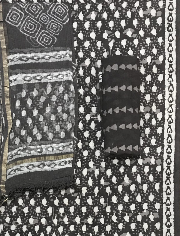 Block Printed Unstitched Dress Material With Mulmul Dupatta