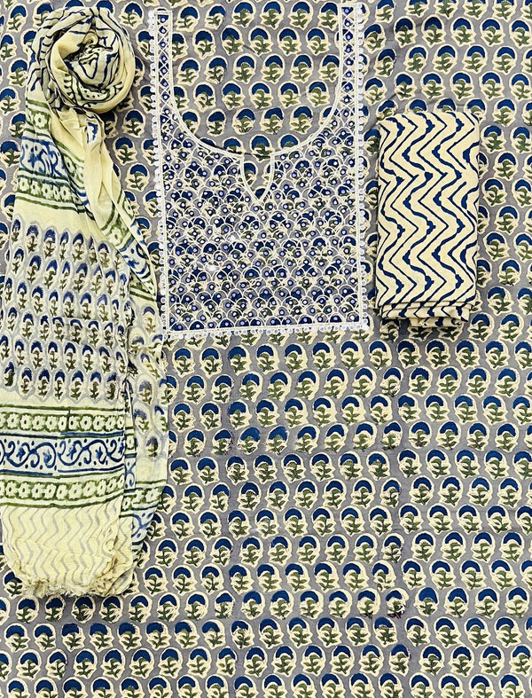 Block Printed Unstitched Dress Material With Hand Work