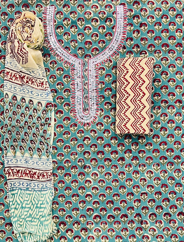 Block Printed Unstitched Dress Material With Hand Work