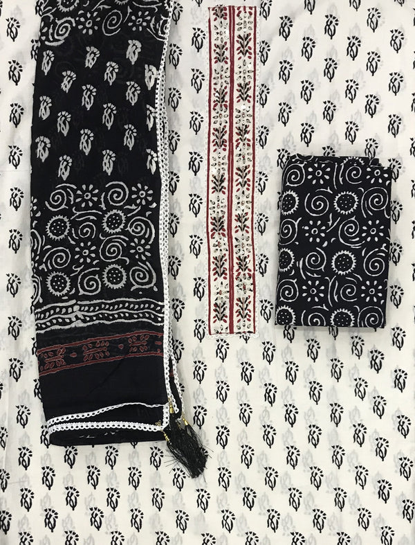 Block Printed Unstitched Dress Material With Hand Work