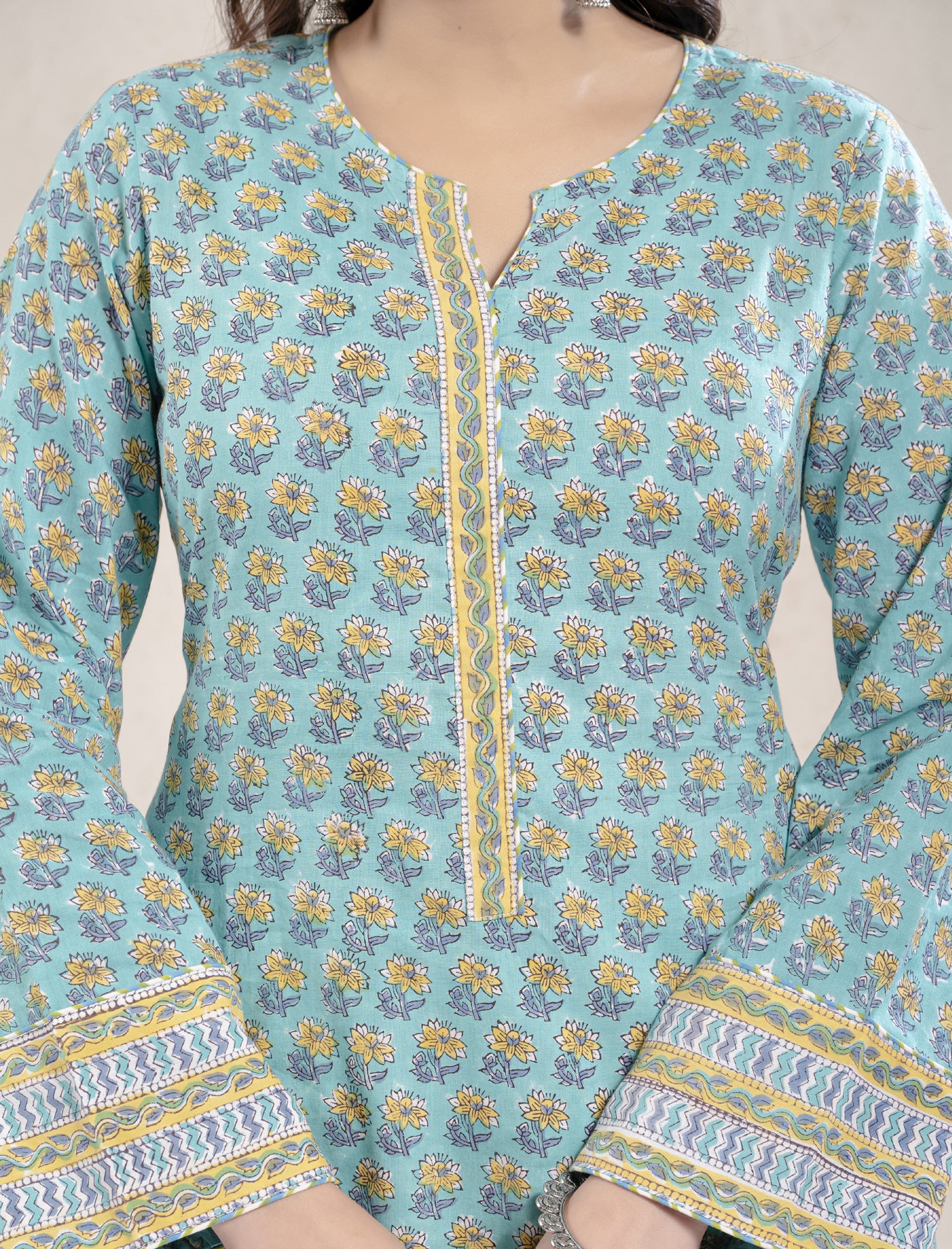 Turquoise Cotton Printed Kurta Pant Set