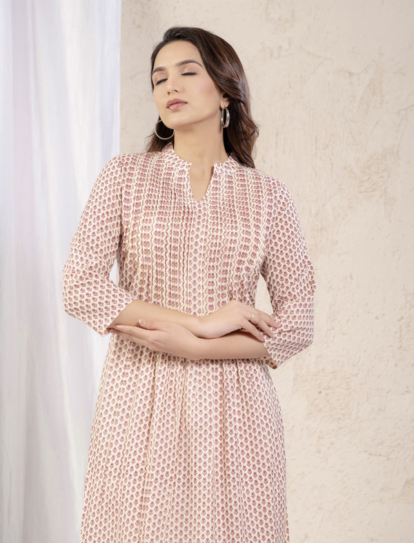 Cream Purple Butti Printed Straight Kurti