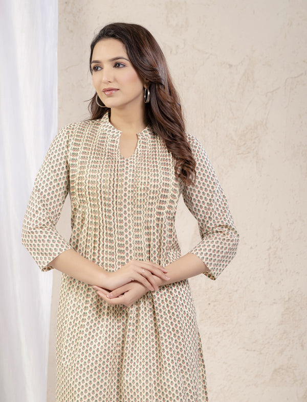 Cream Green Butti Printed Straight Kurti