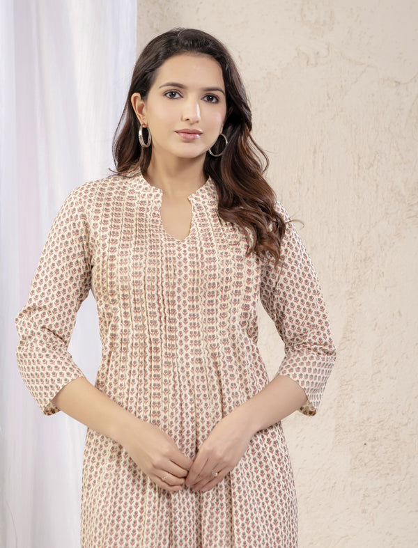 Cream Brown Butti Printed Straight Kurti