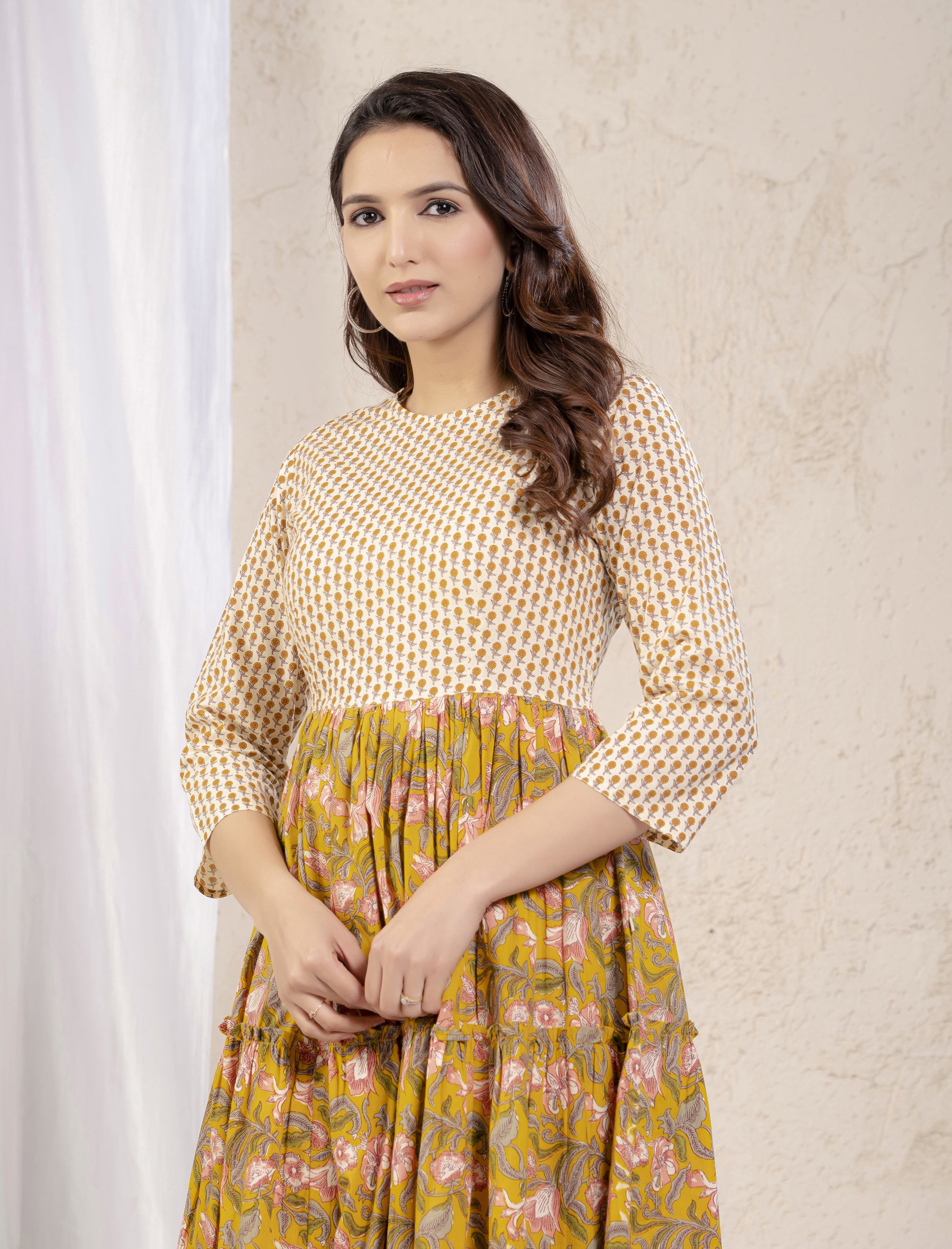 Mustard Cotton Printed Dress