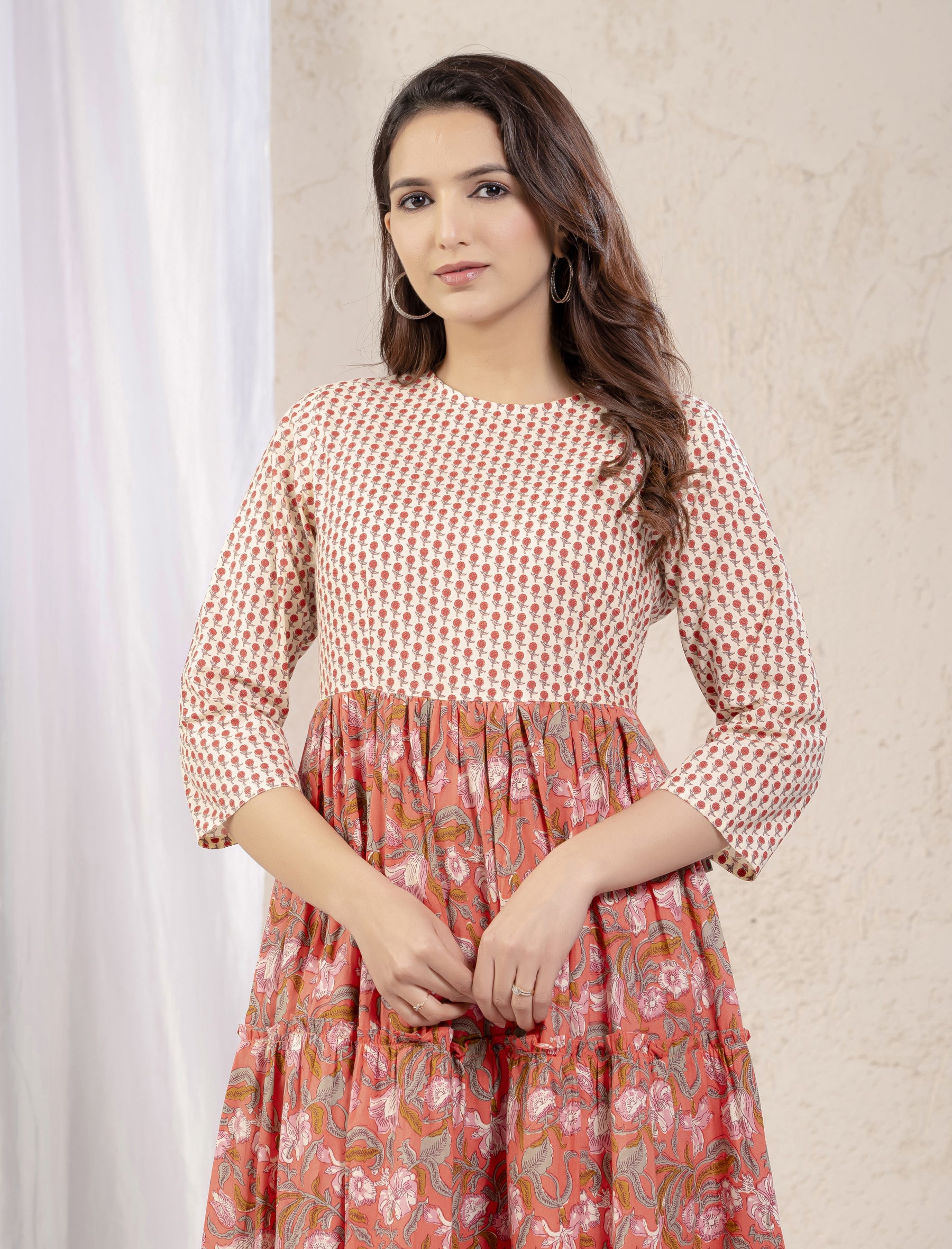 Peach Cotton Printed Dress