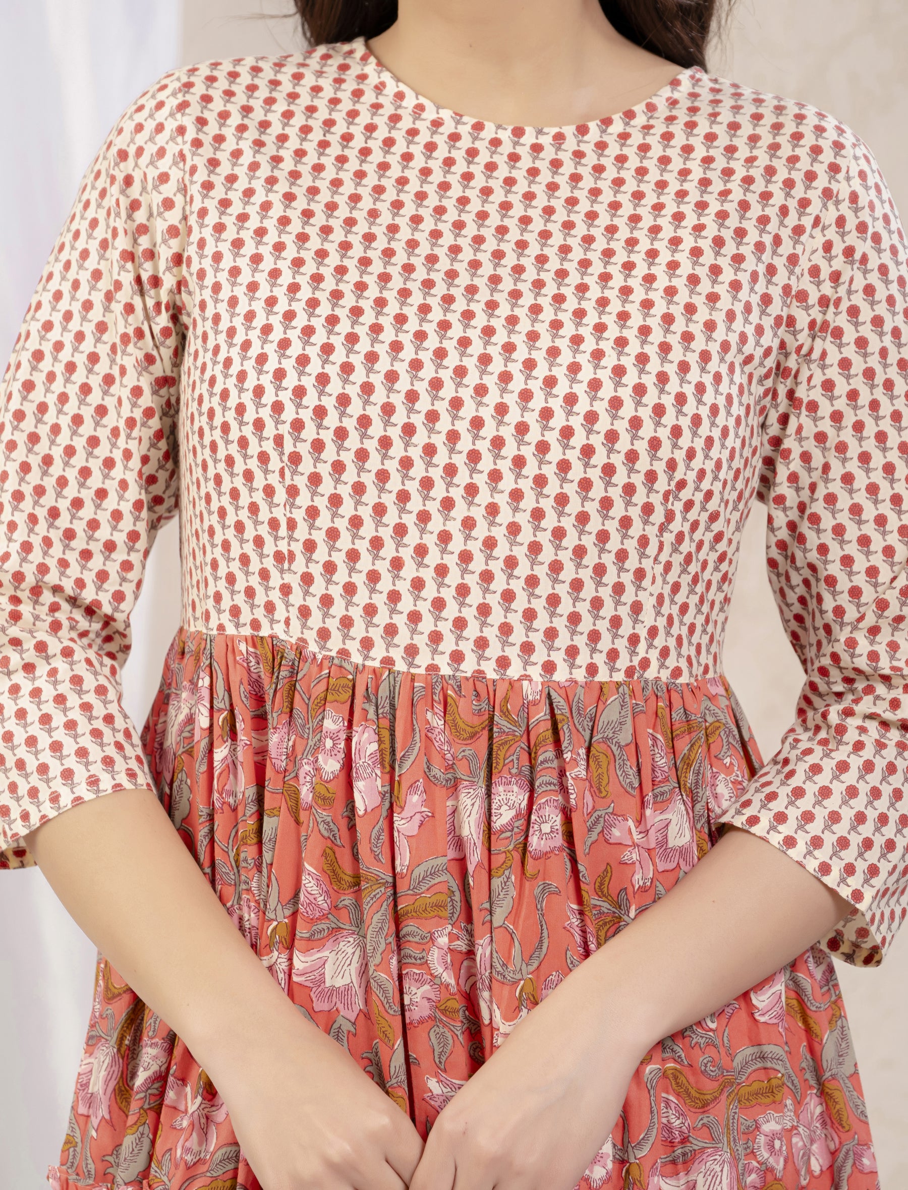 Peach Cotton Printed Dress