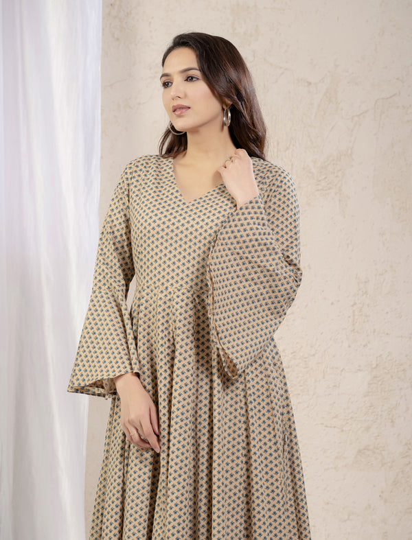 Cream Cotton Printed Long Umbrella Dress