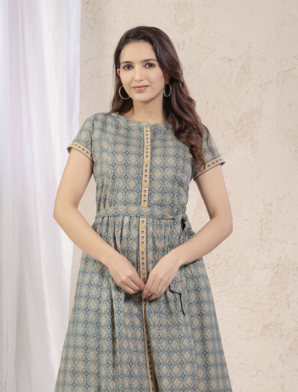 Sea Green Cotton Printed Knee Length Dress