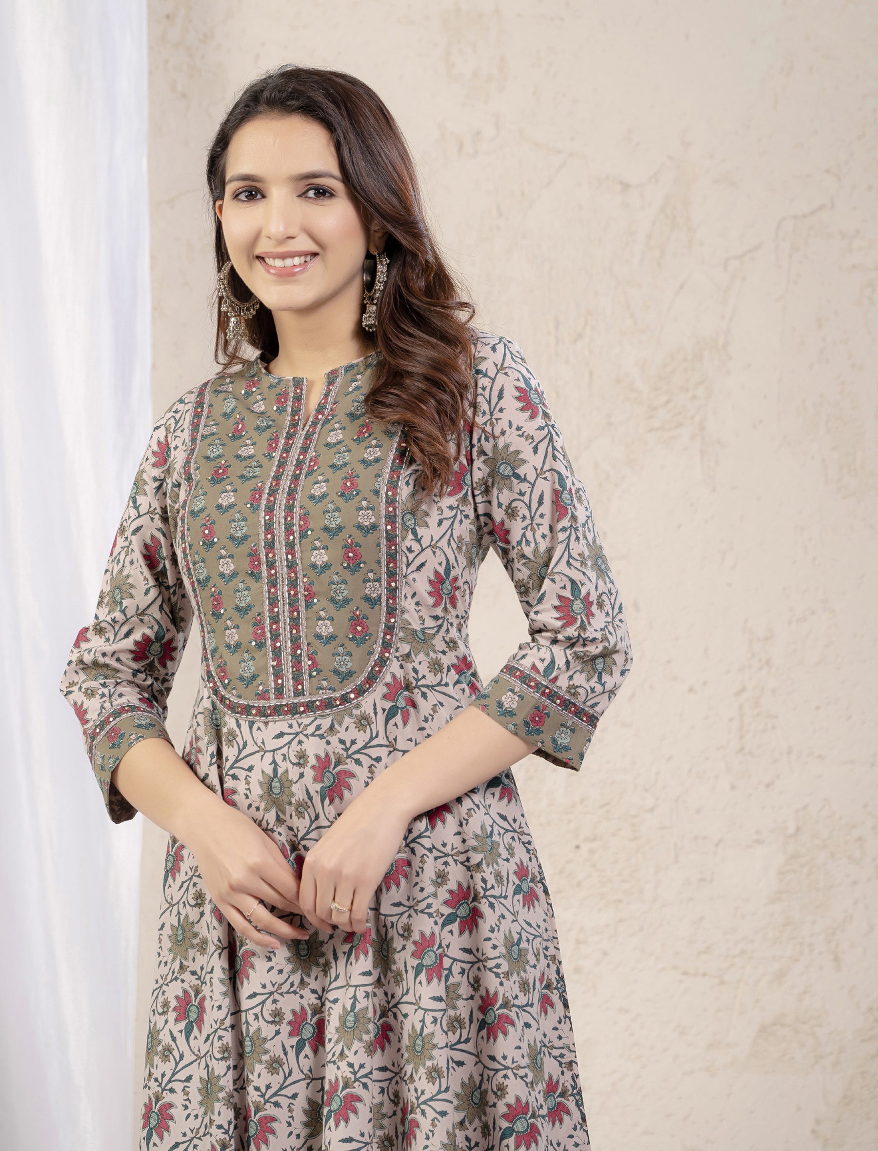 Grey Green Jaal Printed Long Cotton Dress