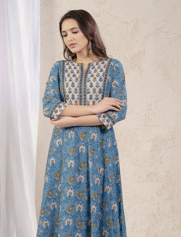 Blue Grey Jaal Printed Long Cotton Dress