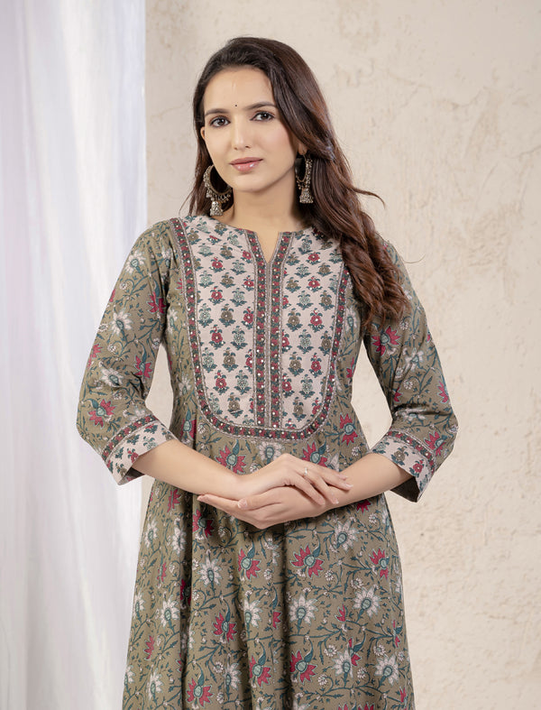 Green Grey Jaal Printed Long Cotton Dress