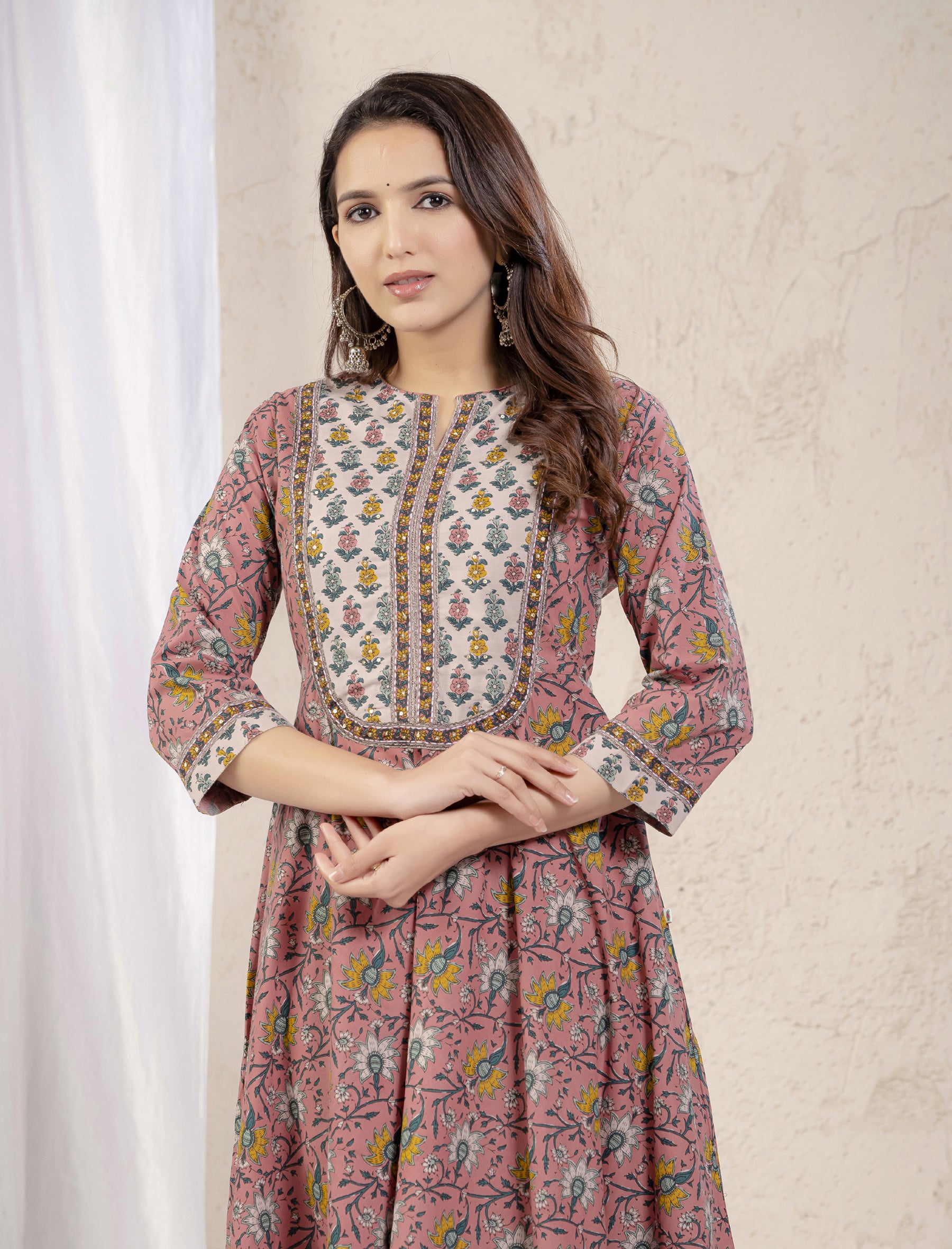 Peach Grey Jaal Printed Long Cotton Dress