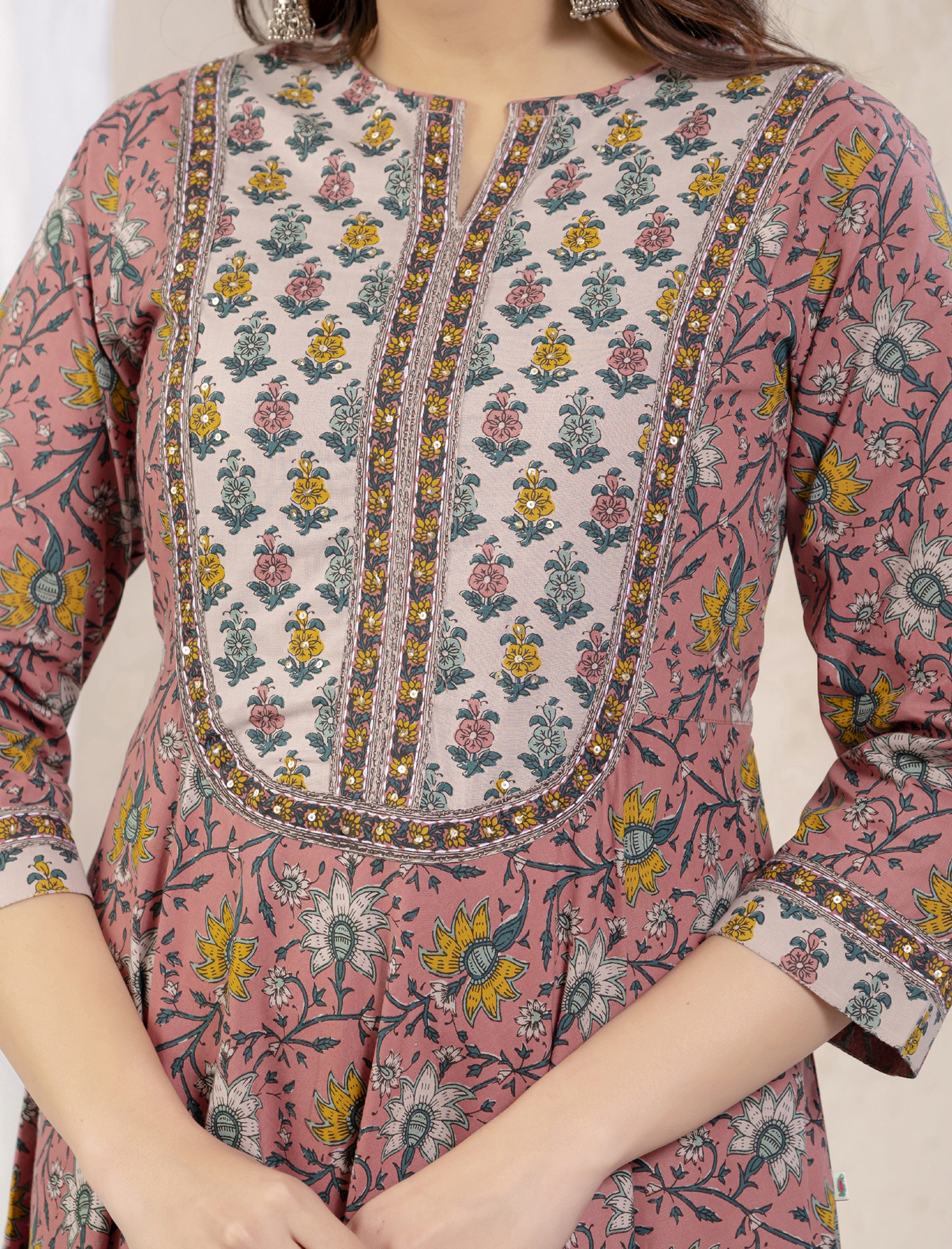 Peach Grey Jaal Printed Long Cotton Dress