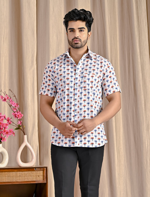 White Cotton Printed Half Sleeves Shirt