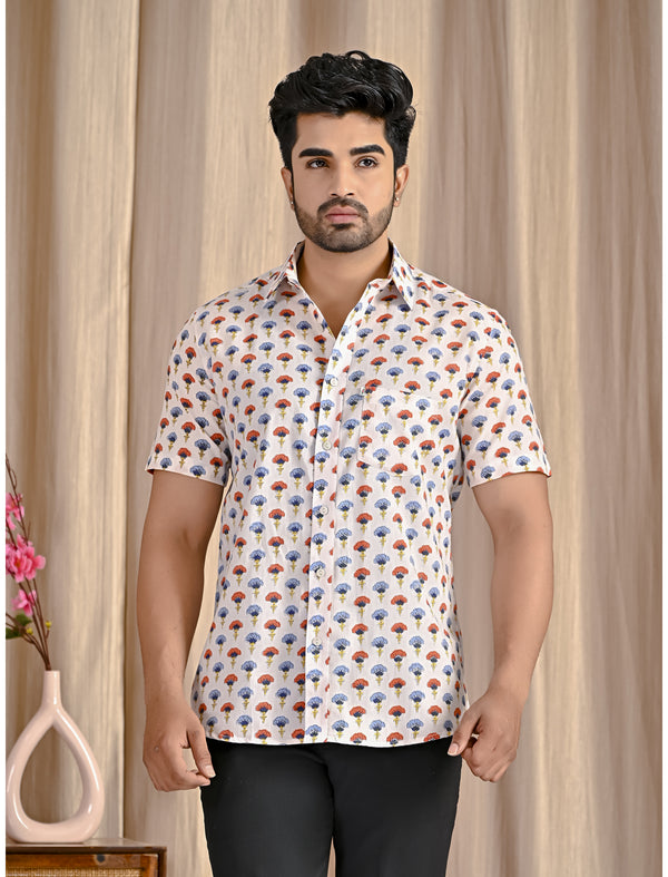 White Cotton Printed Half Sleeves Shirt