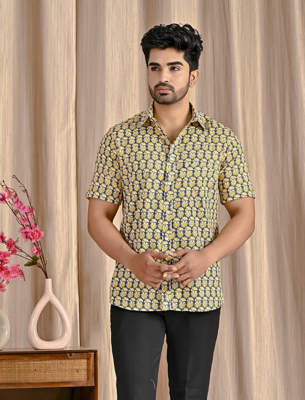 Grey Cotton Printed Half Sleeves Shirt