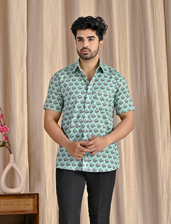 Turquoise Cotton Printed Half Sleeves Shirt