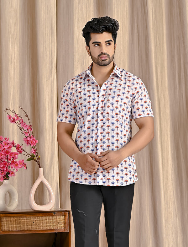 White Cotton Printed Half Sleeves Shirt