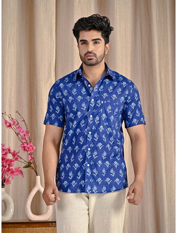 Blue Cotton Printed Half Sleeves Shirt