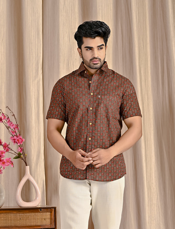 Brown Cotton Printed Half Sleeves Shirt