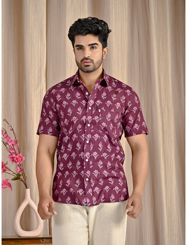Wine Cotton Printed Half Sleeves Shirt