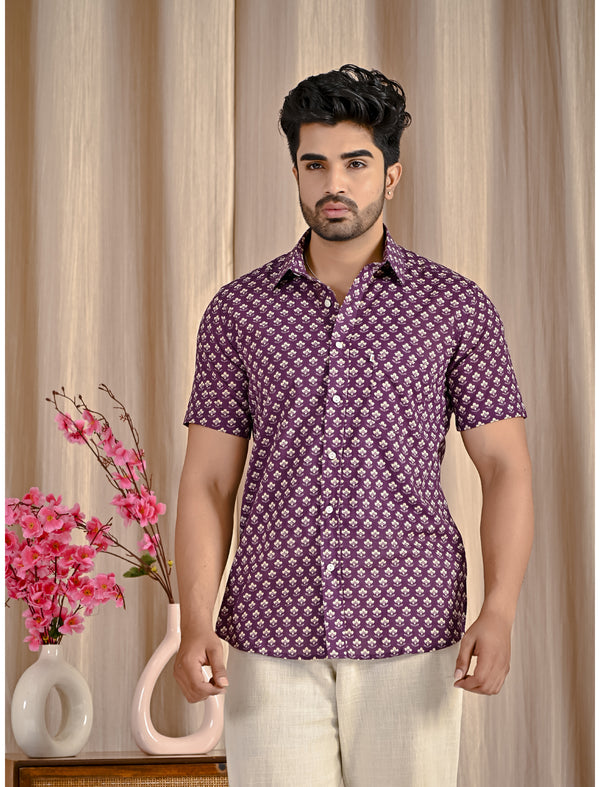 Purple Cotton Printed Half Sleeves Shirt