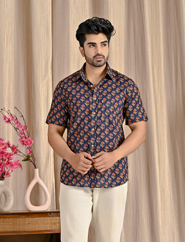 Navy Cotton Printed Half Sleeves Shirt