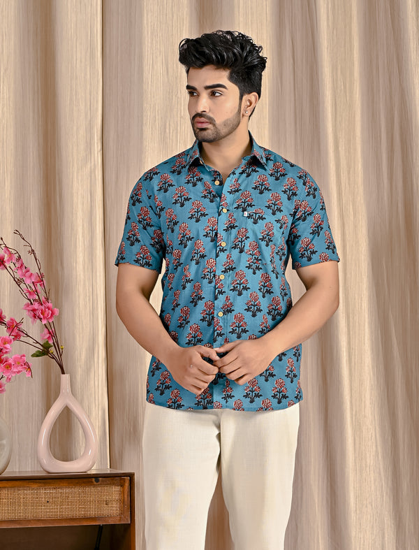 Blue Cotton Printed Half Sleeves Shirt