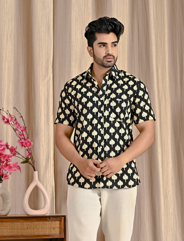 Black Cotton Printed Half Sleeves Shirt